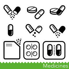 Set of medicines icons. Capsules, pills, powders and tablet packs. Vector Illustration