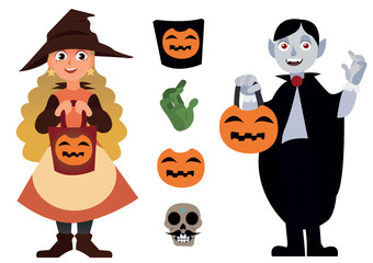 Big Halloween set with two characters and elements Vampire and the Little Witch, with Pumpkin Jack isolated on the white background