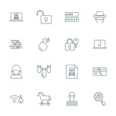 Hacking, computer viruses icons set