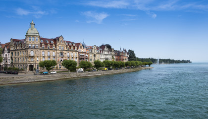 Constance, View of old house facades with Lake Constance  - Baden-Wuerttemberg, Germany, Europe