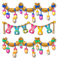 Straw garland with colored ribbons, painted eggs and paper bunnies with different pattern. Symbol and decoration for Easter holiday. Vector illustration in cartoon style isolated on white background