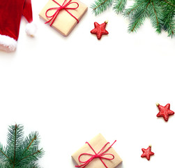 Christmas gift and fir tree branches. Top view