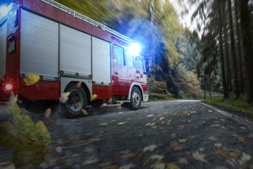 Löschfahrzeug im Herbstwald bei nasser Straße