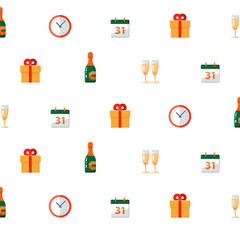 New year and birthday background with festive items, champagne and glasses, calendar and clock, gift box, celebration vector icon
