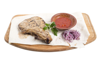 Chicken steak with tomato sauce.