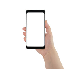 Fototapeta na wymiar young female hand hold smatphone with blank screen isolated on white