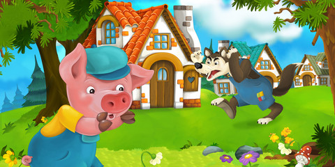 Cartoon scene pig farmer near traditional village and angry wolf is going in his direction - illustration for children