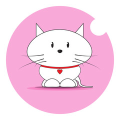 Vector white kitten with red heart, isolated on pink background