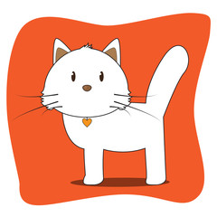 Vector white kitten with yellow heart, isolated on orange background
