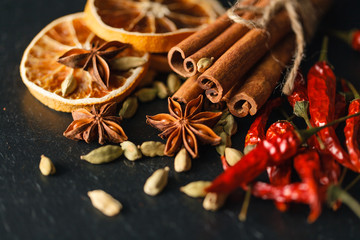 Cinnamon sticks and anise, slate