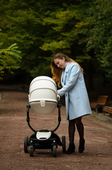 Family, child and motherhood concept - happy mother walking with baby stroller in park
