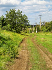 Dirt road in the village, spring day and green grass around.
