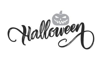 Vector Hand drawn lettering of  Halloween with pumpkin on white background
