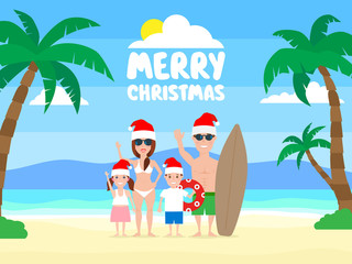 merry christmas.happy family in santa hats on the tropical beach