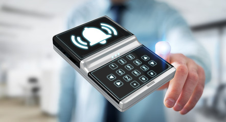 Businessman using home alarm security device 3D rendering