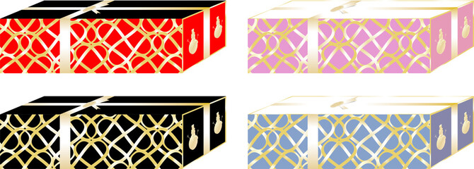 Christmas gifts boxes simple and elegant, decorated with ribbon around and violet, black, pink and red colors