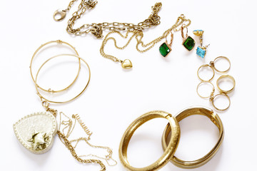 gold jewelry - pendants, bracelets, rings and chains - obrazy, fototapety, plakaty