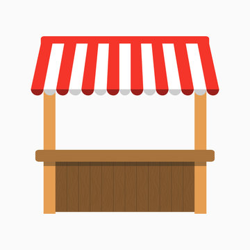 Street stall with awning. Kiosk with wooden rack. Vector illustration.