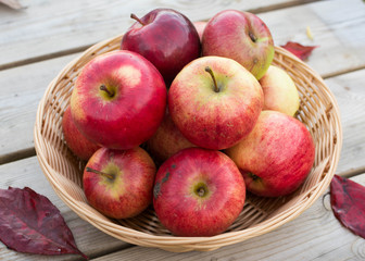 Fresh red yellow apples  in wicker plate on wooden table. Concept for seasonal fruits, autumn harvest and agriculture.