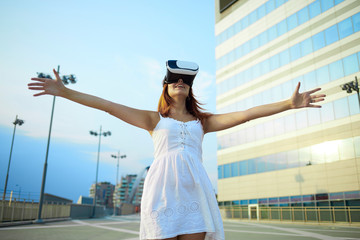 young woman using viewer for augmented reality