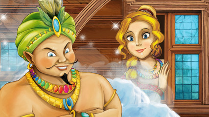 cartoon scene with prince or traveler outside looking at princess giving her lot of jewels illustration for children 