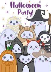 Invitation to the halloween party with cute ghosts in halloween costumes