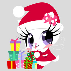 Cute white kitty in Santa Claus costume holds gift. Gift boxes for Christmas. New Year. Children's character.