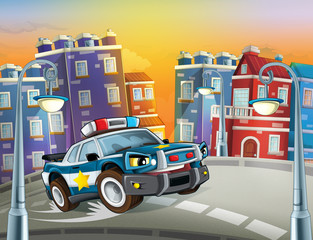 Obraz na płótnie Canvas cartoon scene with police car driving through the city illustration for children 