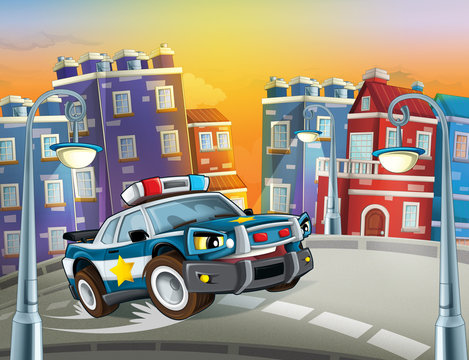 cartoon scene with police car driving through the city illustration for children  
