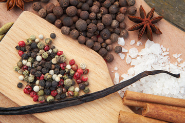 Various seasonings on wooden background