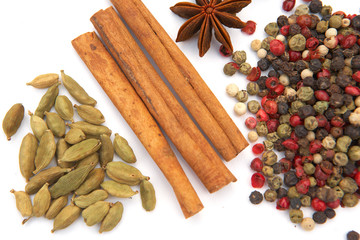 Assortment spices on white background