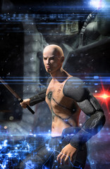 Futuristic warrior cyberpunk hitman