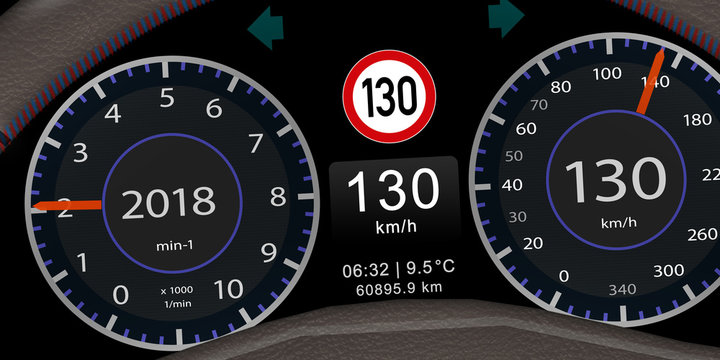 ps_26 ProgrammingScreen - german: Armaturenbrett / Kombiinstrument mit der Anzeige - Geschwindigkeitsbegrenzung Tempo 130 - english: traffic sign recognition - speed limit 130 - 2to1 - g5591