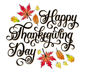 Thanksgiving Day vector hand drawn lettering design with autumn leaves.