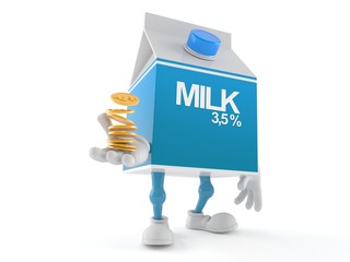 Milk box character with stack of coins