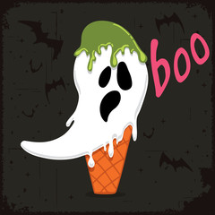 Scary ghost shaped ice cream with flying bats. Halloween celebration theme.