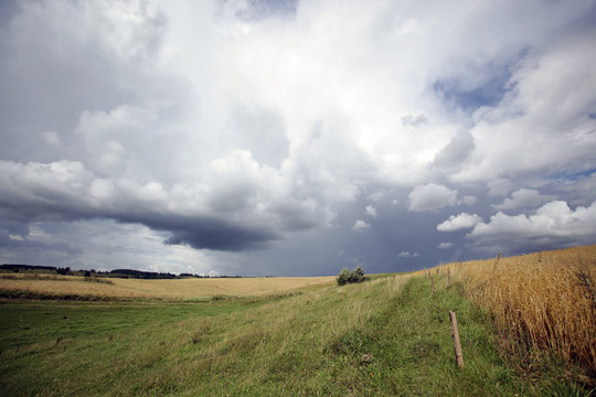 polish summer landscape with fields and clouds