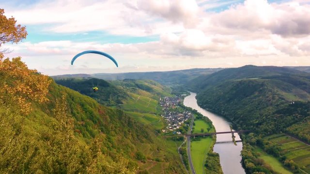 Paragliding flight over the Moselle loop landscape calmont at Bremm Germany