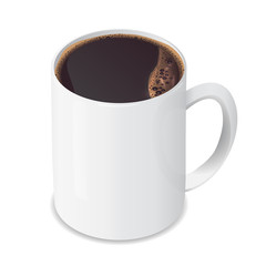 photorealistic white ceramic cup with coffee,3D ceramic cup with coffee on white background,realistic vector.