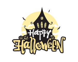 Happy Halloween type lettering composition with silhouette of witch haunted house on moon background