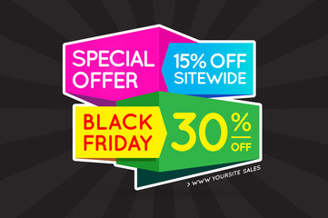 Black Friday Sale Sign Banner Poster ready for Web and Print. Vector. Super, Mega, Huge Sale with Special Offer