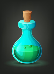 Bottle with green potion. Icon of magic elixir. Cartoon vector illustration.