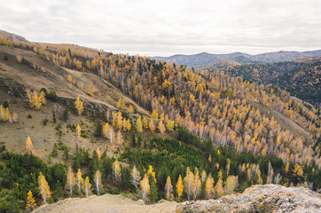 Fototapeta na wymiar Mountain landscape on a cloudy autumn day in Russia, Syberia