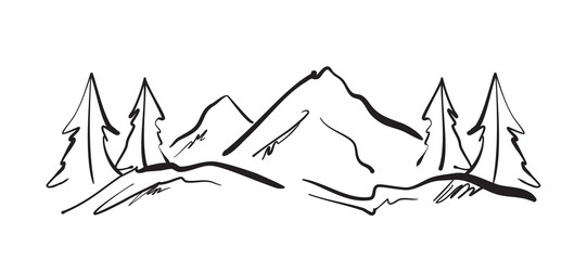 Vector illustration: Hand drawn Mountains sketch landscape with hills and pines. 