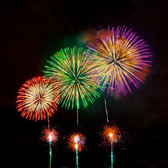 Beautiful colored fireworks display on dark sky background.