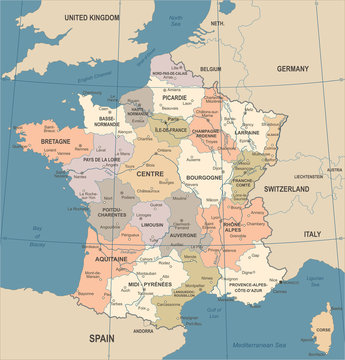 France Map - Vintage Vector Illustration