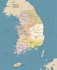 South Korea Map - Vintage Vector Illustration