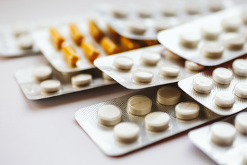 Different medicines: tablets, pills in blister pack, medications drugs