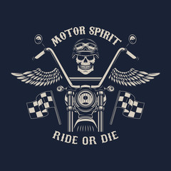 Fototapeta premium Motor spirit. Ride or die. Motorcycle with wings. Racer skull. Design element for poster, emblem, sign, badge. Vector illustration