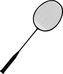 A black and white silhouette of a badminton racket